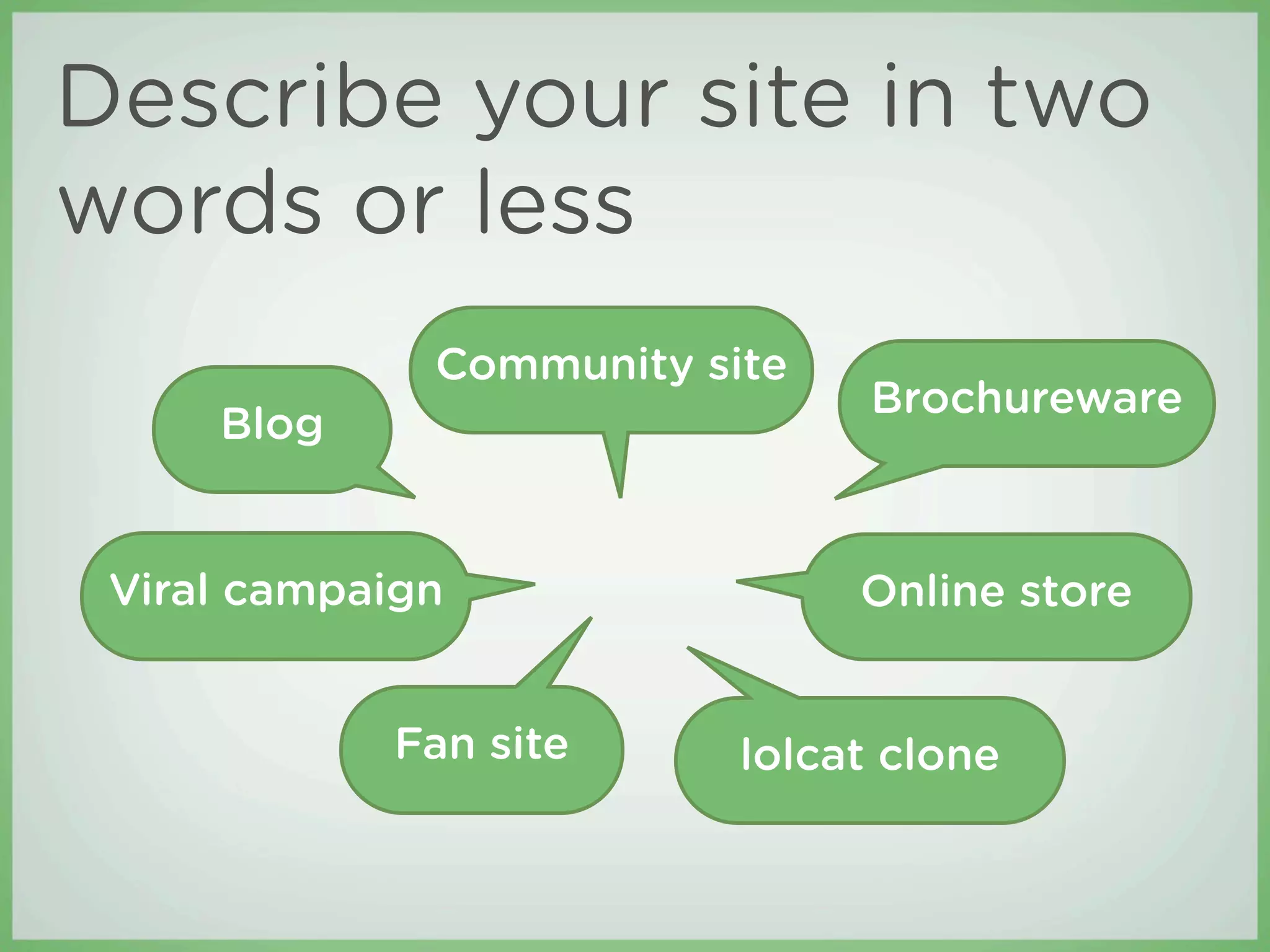 Describe your site in two
words or less
              Community site
                                Brochureware
     Blog


 Viral campaign                Online store


            Fan site      lolcat clone
 