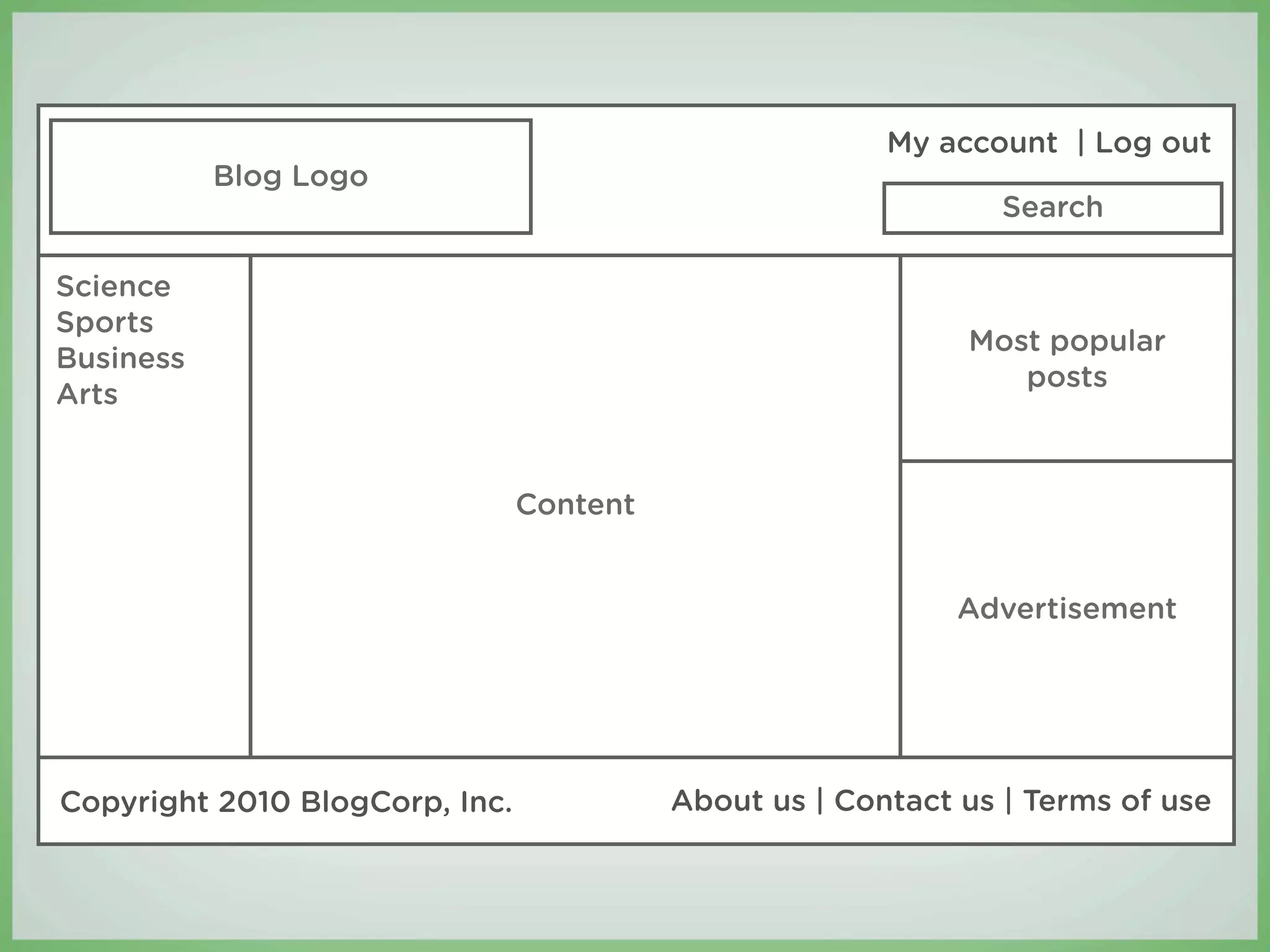 My account | Log out
           Blog Logo
                                                                Search

Science
Sports
                                                             Most popular
Business
                                                                posts
Arts


                                Content


                                                             Advertisement




Copyright 2010 BlogCorp, Inc.             About us | Contact us | Terms of use
 