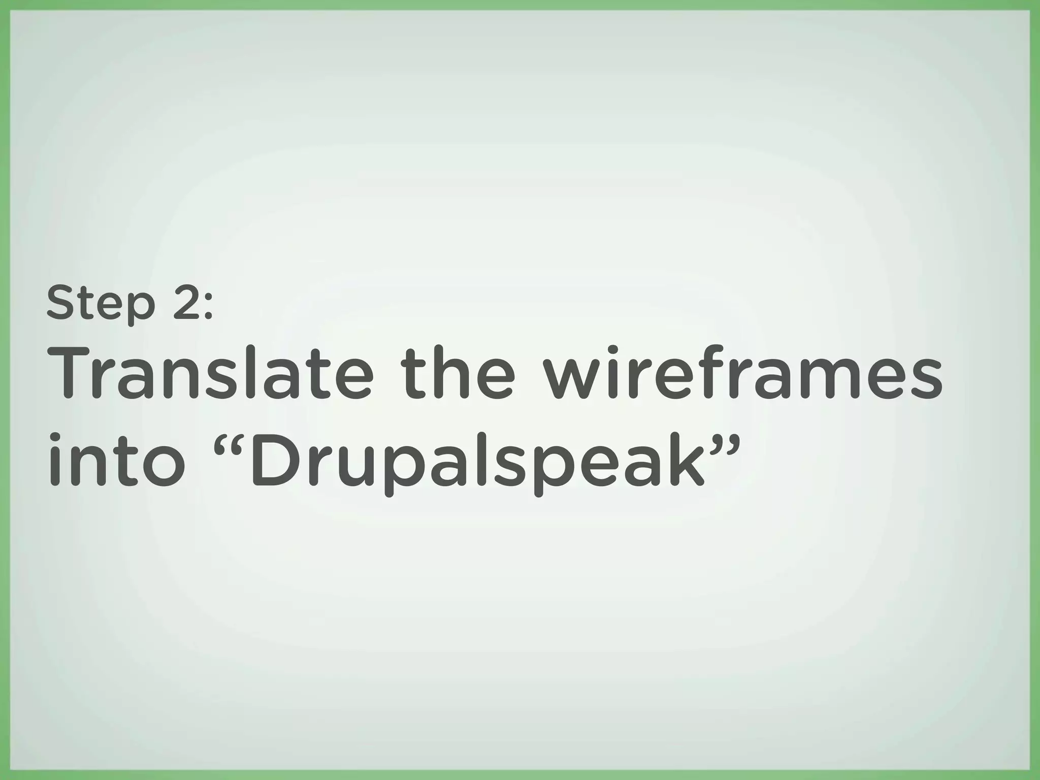 Step 2:
Translate the wireframes
into “Drupalspeak”
 