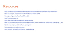 Resources
https://nodejs.org/en/download/package-manager/#debian-and-ubuntu-based-linux-distributions
https://www.nginx.com/resources/wiki/start/topics/tutorials/install/
https://yarnpkg.com/en/docs/install#linux-tab
http://pm2.keymetrics.io/
https://stackoverflow.com/questions/tagged/node.js
https://www.digitalocean.com/community/tutorials/how-to-set-up-automatic-deployment-with-git-with-a-vps
http://expressjs.com/en/starter/basic-routing.html
https://github.com/expressjs/session
https://github.com/passport/express-4.x-local-example
 
