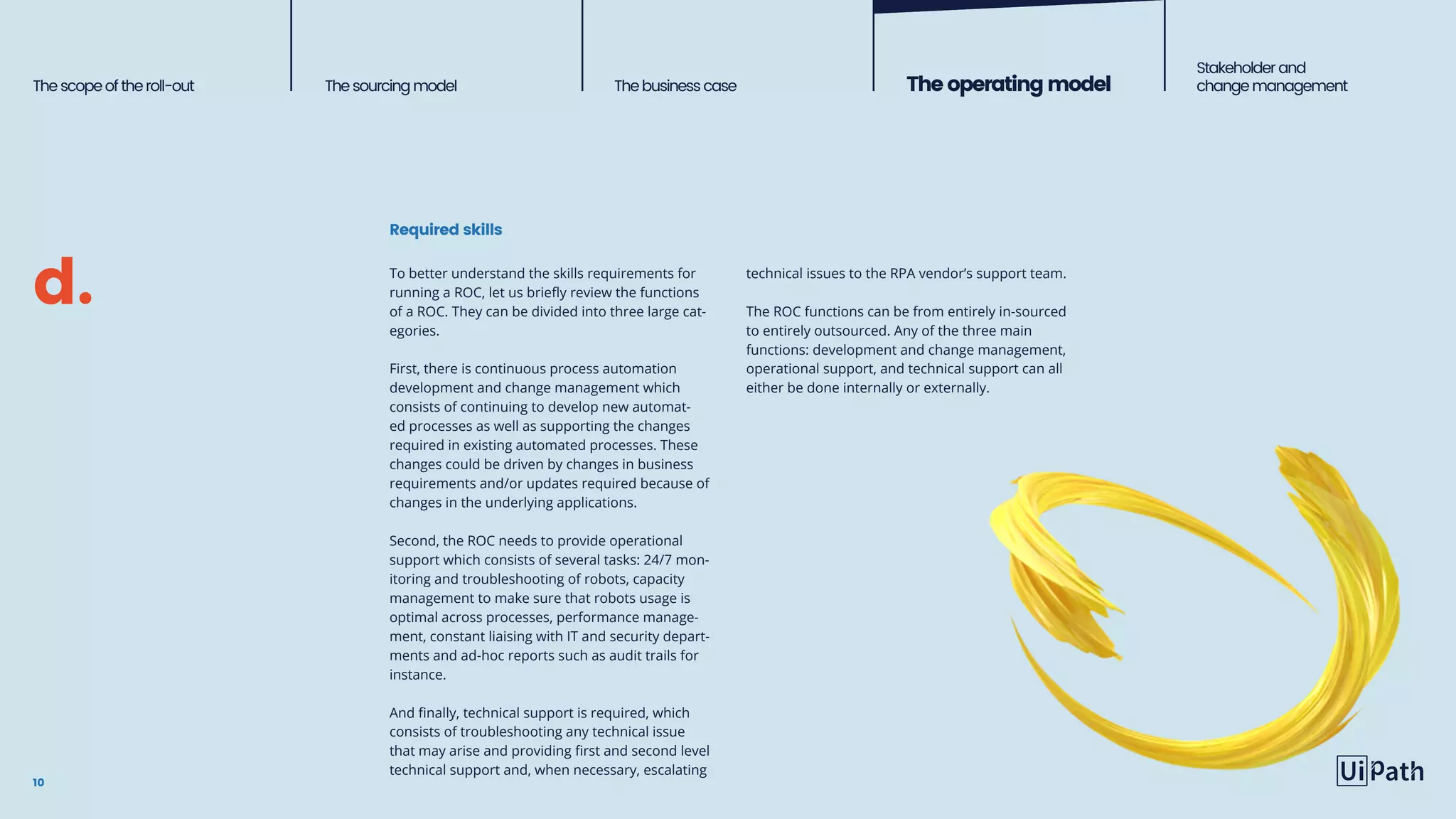 Thescopeoftheroll-out Thesourcingmodel The business case Theoperatingmodel
Stakeholderand
change management
Required skills
10
To better understand the skills requirements for
running a ROC, let us briefly review the functions
of a ROC. They can be divided into three large cat-
egories.
First, there is continuous process automation
development and change management which
consists of continuing to develop new automat-
ed processes as well as supporting the changes
required in existing automated processes. These
changes could be driven by changes in business
requirements and/or updates required because of
changes in the underlying applications.
Second, the ROC needs to provide operational
support which consists of several tasks: 24/7 mon-
itoring and troubleshooting of robots, capacity
management to make sure that robots usage is
optimal across processes, performance manage-
ment, constant liaising with IT and security depart-
ments and ad-hoc reports such as audit trails for
instance.
And finally, technical support is required, which
consists of troubleshooting any technical issue
that may arise and providing first and second level
technical support and, when necessary, escalating
technical issues to the RPA vendor’s support team.
The ROC functions can be from entirely in-sourced
to entirely outsourced. Any of the three main
functions: development and change management,
operational support, and technical support can all
either be done internally or externally.
d.
 