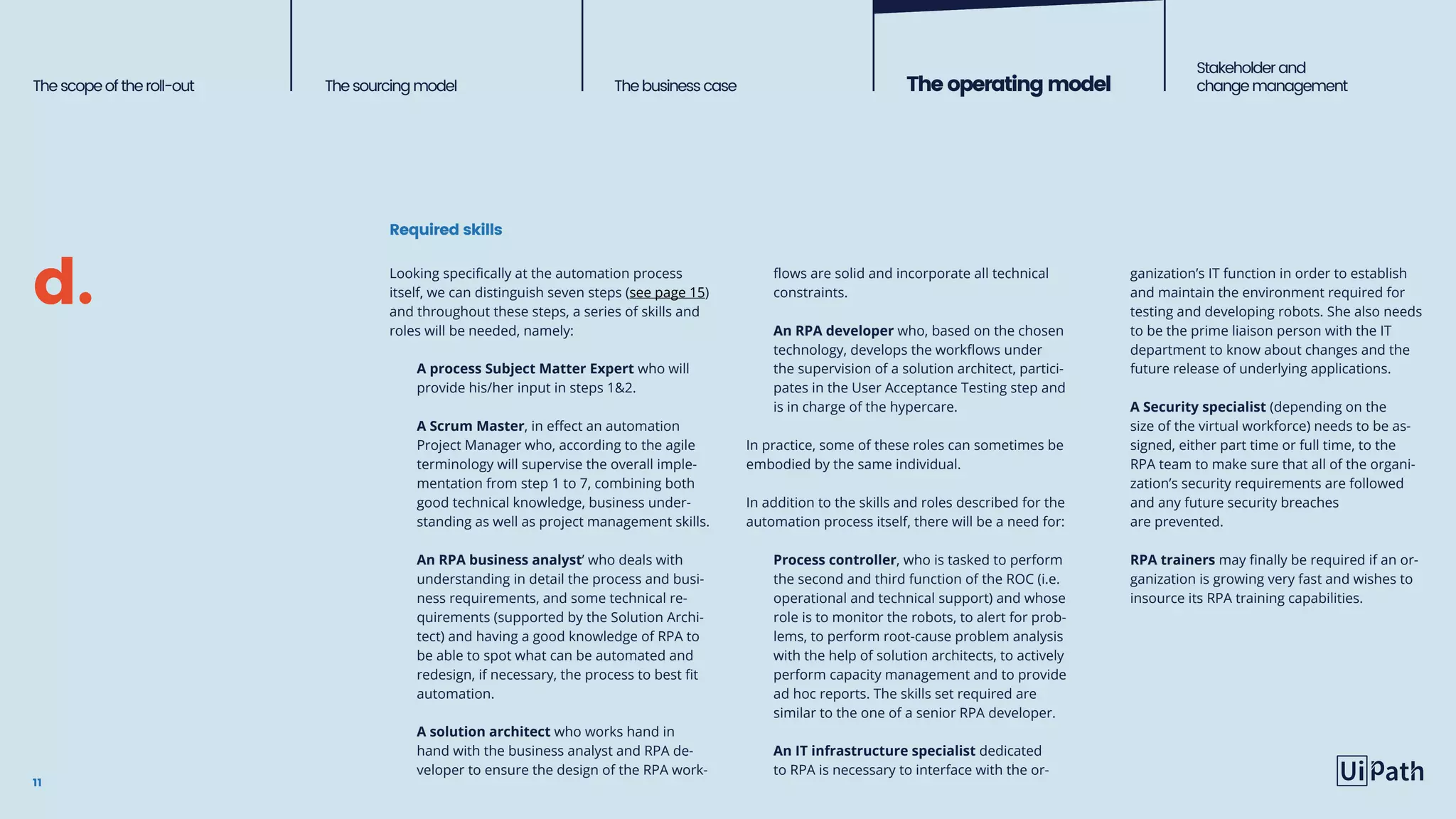 Thescopeoftheroll-out Thesourcingmodel The business case Theoperatingmodel
Stakeholderand
change management
Required skills
11
Looking specifically at the automation process
itself, we can distinguish seven steps (see page 15)
and throughout these steps, a series of skills and
roles will be needed, namely:
A process Subject Matter Expert who will
provide his/her input in steps 12.
A Scrum Master, in effect an automation
Project Manager who, according to the agile
terminology will supervise the overall imple-
mentation from step 1 to 7, combining both
good technical knowledge, business under-
standing as well as project management skills.
An RPA business analyst’ who deals with
understanding in detail the process and busi-
ness requirements, and some technical re-
quirements (supported by the Solution Archi-
tect) and having a good knowledge of RPA to
be able to spot what can be automated and
redesign, if necessary, the process to best fit
automation.
A solution architect who works hand in
hand with the business analyst and RPA de-
veloper to ensure the design of the RPA work-
flows are solid and incorporate all technical
constraints.
An RPA developer who, based on the chosen
technology, develops the workflows under
the supervision of a solution architect, partici-
pates in the User Acceptance Testing step and
is in charge of the hypercare.
In practice, some of these roles can sometimes be
embodied by the same individual.
In addition to the skills and roles described for the
automation process itself, there will be a need for:
Process controller, who is tasked to perform
the second and third function of the ROC (i.e.
operational and technical support) and whose
role is to monitor the robots, to alert for prob-
lems, to perform root-cause problem analysis
with the help of solution architects, to actively
perform capacity management and to provide
ad hoc reports. The skills set required are
similar to the one of a senior RPA developer.
An IT infrastructure specialist dedicated
to RPA is necessary to interface with the or-
ganization’s IT function in order to establish
and maintain the environment required for
testing and developing robots. She also needs
to be the prime liaison person with the IT
department to know about changes and the
future release of underlying applications.
A Security specialist (depending on the
size of the virtual workforce) needs to be as-
signed, either part time or full time, to the
RPA team to make sure that all of the organi-
zation’s security requirements are followed
and any future security breaches
are prevented.
RPA trainers may finally be required if an or-
ganization is growing very fast and wishes to
insource its RPA training capabilities.
d.
 