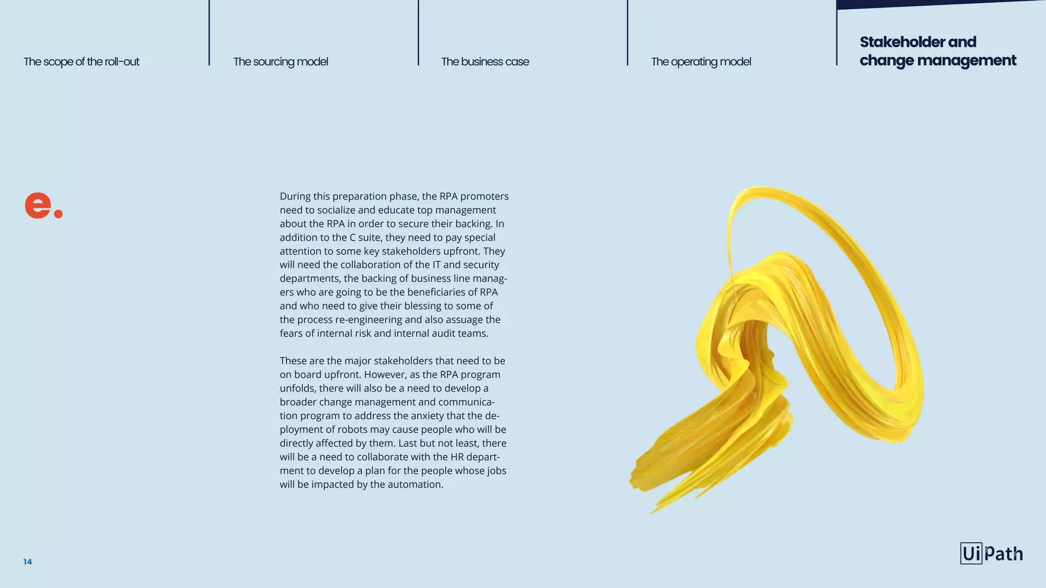 Thescopeoftheroll-out Thesourcingmodel The business case Theoperatingmodel
Stakeholderand
changemanagement
14
During this preparation phase, the RPA promoters
need to socialize and educate top management
about the RPA in order to secure their backing. In
addition to the C suite, they need to pay special
attention to some key stakeholders upfront. They
will need the collaboration of the IT and security
departments, the backing of business line manag-
ers who are going to be the beneficiaries of RPA
and who need to give their blessing to some of
the process re-engineering and also assuage the
fears of internal risk and internal audit teams.
These are the major stakeholders that need to be
on board upfront. However, as the RPA program
unfolds, there will also be a need to develop a
broader change management and communica-
tion program to address the anxiety that the de-
ployment of robots may cause people who will be
directly affected by them. Last but not least, there
will be a need to collaborate with the HR depart-
ment to develop a plan for the people whose jobs
will be impacted by the automation.
e.
 