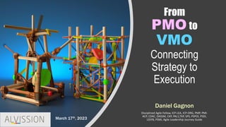 From
PMO to
VMO
Connecting
Strategy to
Execution
Daniel Gagnon
Disciplined Agile Fellow, ICP-LEA, ICP-ORG, PMP, PMI-
ACP, CDAC, DASSM, CKP, PAL1,TKP, SPS, PSPOI, PSDI,
LSSYB, PSMI, Agile Leadership Journey Guide
March 17th, 2023
 