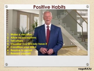nagaRAJU
Positive Habits
1. Make a decision
2. Allow no exceptions
3. Tell others
4. Visualize you already have it
5. Condition your mind
6. Resolve to persist
7. Reward yourself
 