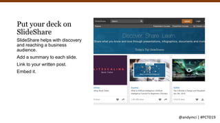 Put your deck on
SlideShare
SlideShare helps with discovery
and reaching a business
audience.
Add a summary to each slide....