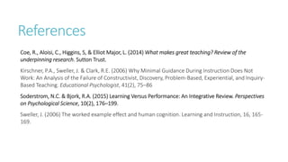 References
Coe, R., Aloisi, C., Higgins, S, & Elliot Major, L. (2014) What makes great teaching? Review of the
underpinning research. Sutton Trust.
Kirschner, P.A., Sweller, J. & Clark, R.E. (2006) Why Minimal Guidance During Instruction Does Not
Work: An Analysis of the Failure of Constructivist, Discovery, Problem-Based, Experiential, and Inquiry-
Based Teaching. Educational Psychologist, 41(2), 75–86
Soderstrom, N.C. & Bjork, R.A. (2015) Learning Versus Performance: An Integrative Review. Perspectives
on Psychological Science, 10(2), 176–199.
Sweller, J. (2006) The worked example effect and human cognition. Learning and Instruction, 16, 165-
169.
 