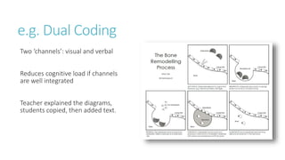 e.g. Dual Coding
Two ‘channels’: visual and verbal
Reduces cognitive load if channels
are well integrated
Teacher explained the diagrams,
students copied, then added text.
 