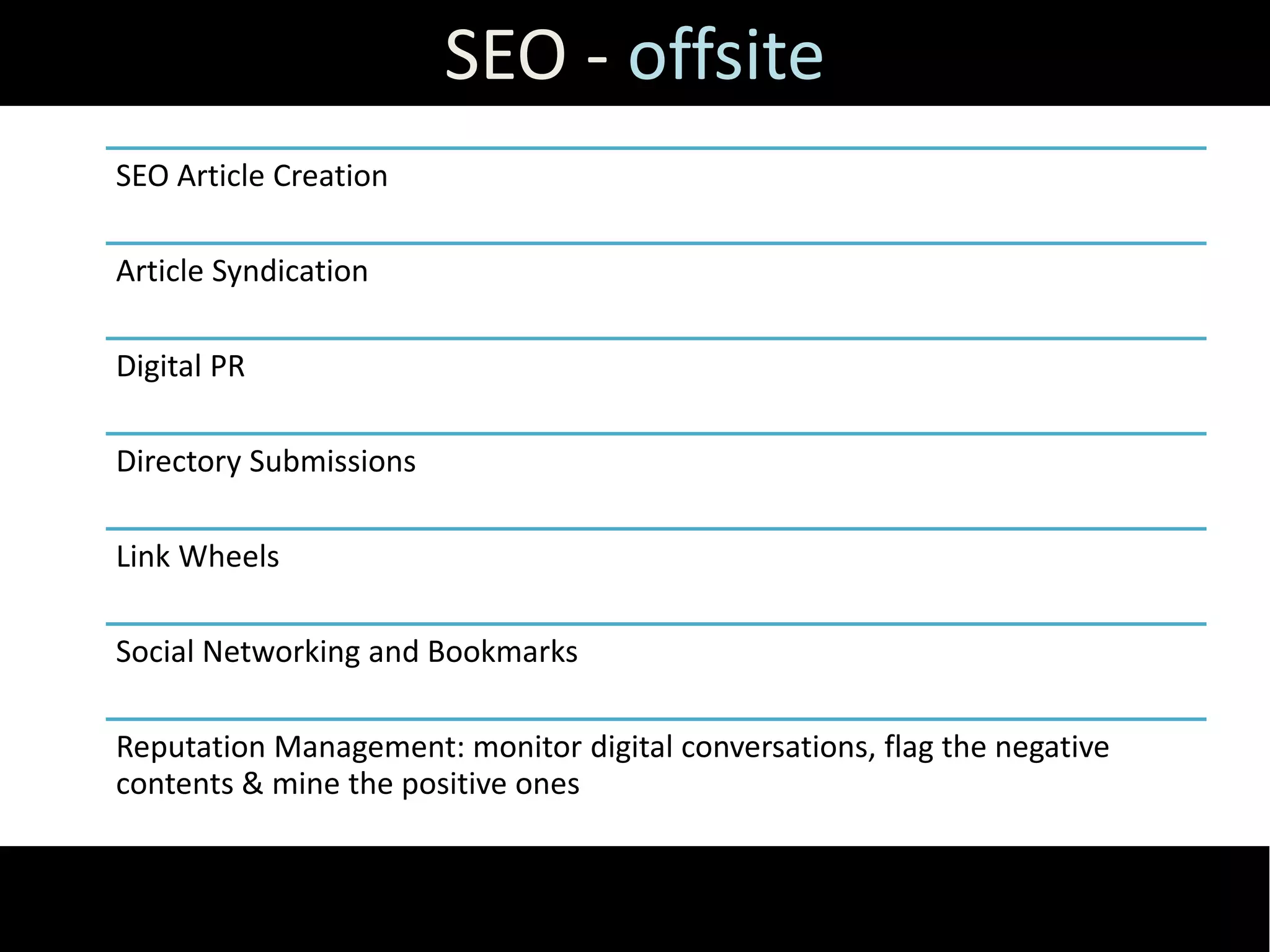 SEO - offsite
SEO Article Creation

Article Syndication

Digital PR

Directory Submissions

Link Wheels

Social Networking and Bookmarks

Reputation Management: monitor digital conversations, flag the negative
contents & mine the positive ones
 