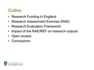 OutlineResearch Funding in EnglandResearch Assessment Exercise (RAE)Research Evaluation FrameworkImpact of the RAE/REF on research outputsOpen accessConclusions