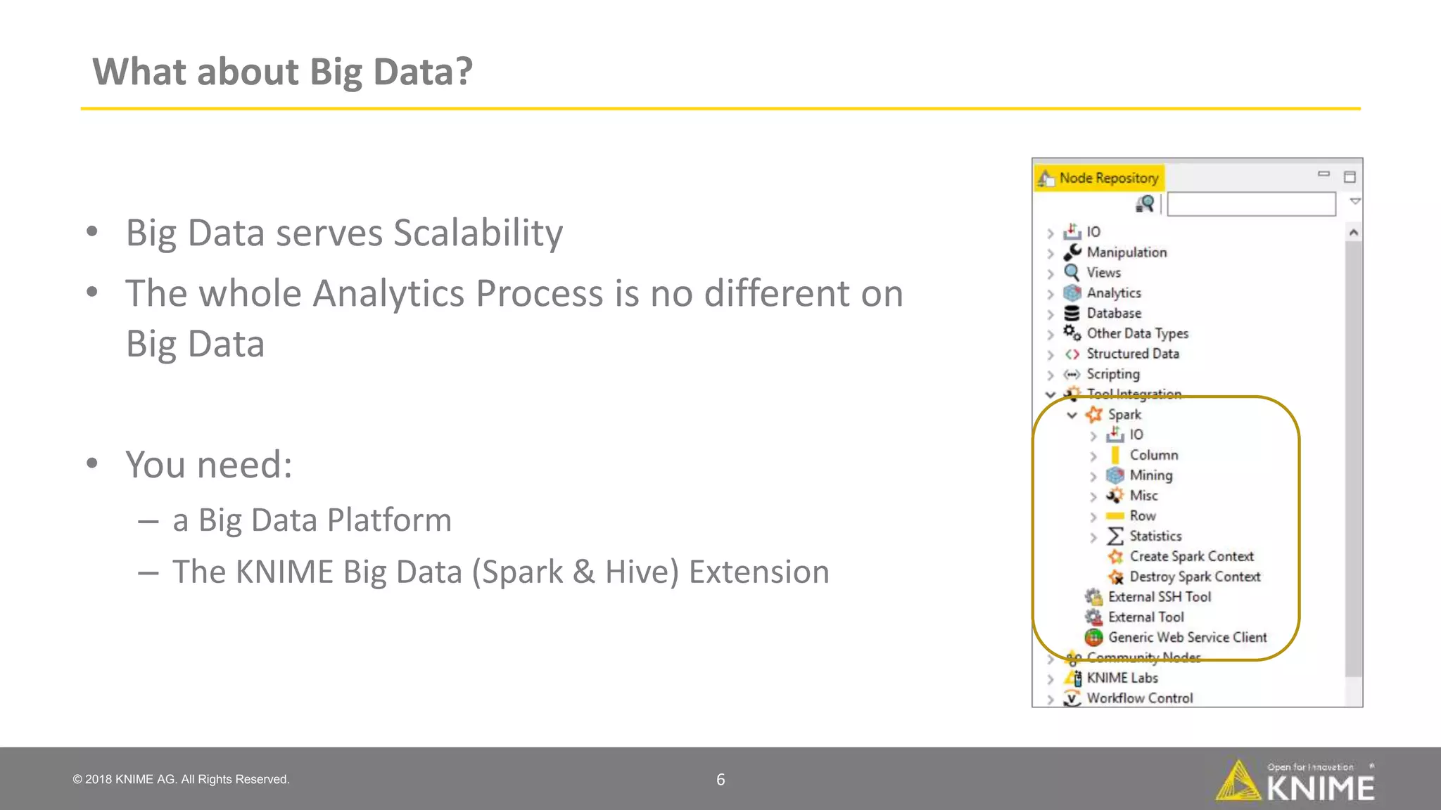 © 2018 KNIME AG. All Rights Reserved.
What about Big Data?
• Big Data serves Scalability
• The whole Analytics Process is no different on
Big Data
• You need:
– a Big Data Platform
– The KNIME Big Data (Spark & Hive) Extension
6
 