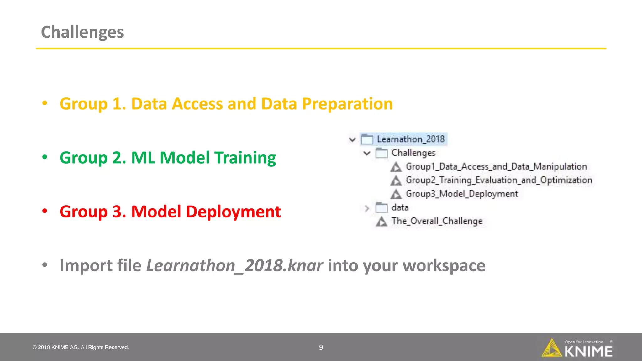 © 2018 KNIME AG. All Rights Reserved.
Challenges
• Group 1. Data Access and Data Preparation
• Group 2. ML Model Training
• Group 3. Model Deployment
• Import file Learnathon_2018.knar into your workspace
9
 