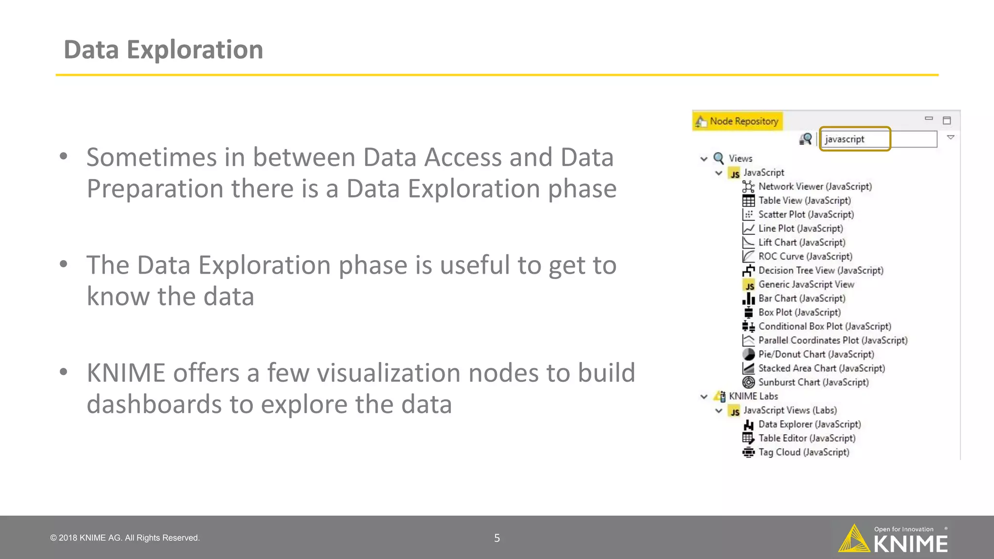© 2018 KNIME AG. All Rights Reserved. Data Exploration • Sometimes in between Data Access and Data Preparation there is a Data Exploration phase • The Data Exploration phase is useful to get to know the data • KNIME offers a few visualization nodes to build dashboards to explore the data 5 