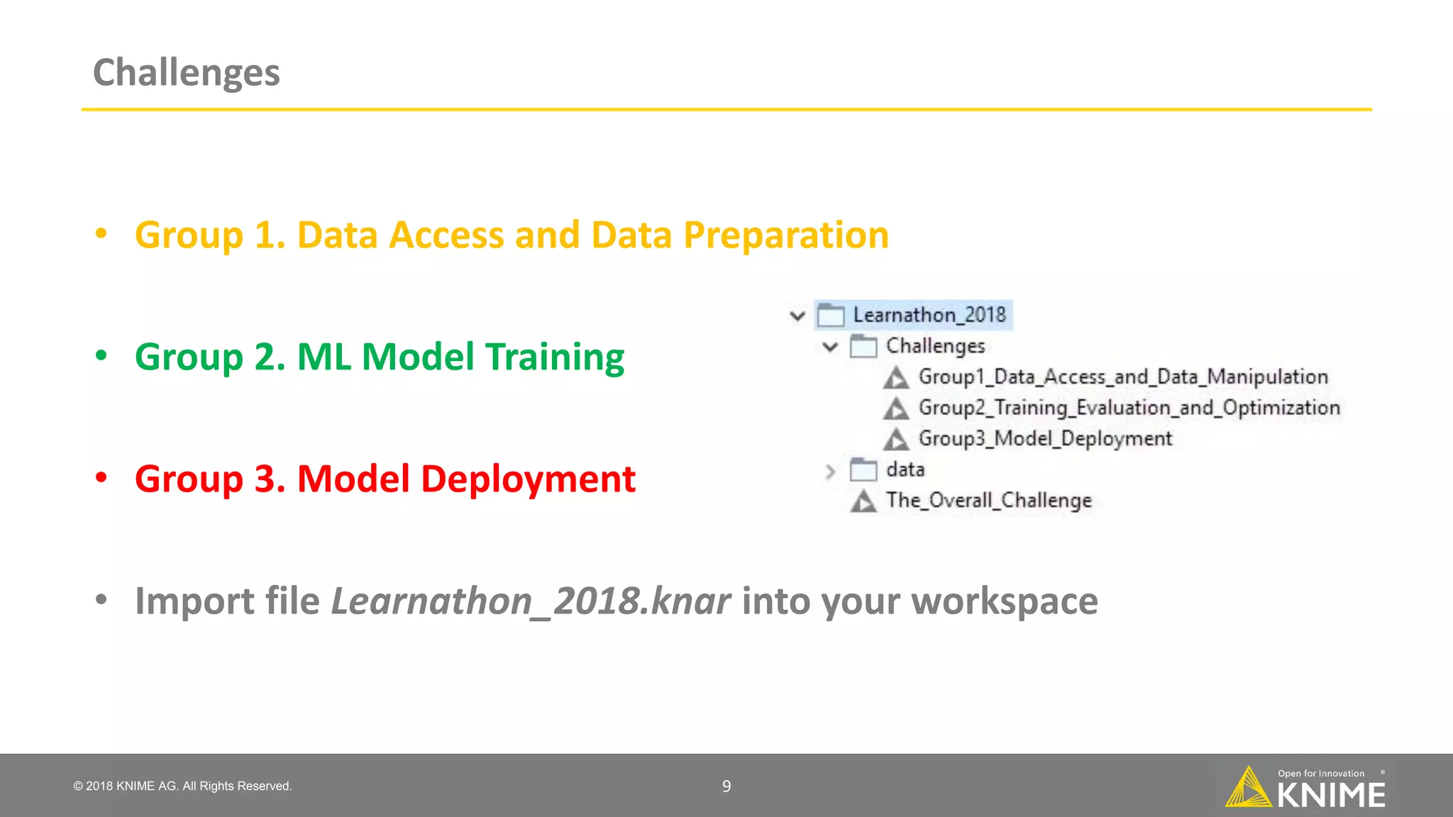 © 2018 KNIME AG. All Rights Reserved. Challenges • Group 1. Data Access and Data Preparation • Group 2. ML Model Training • Group 3. Model Deployment • Import file Learnathon_2018.knar into your workspace 9 