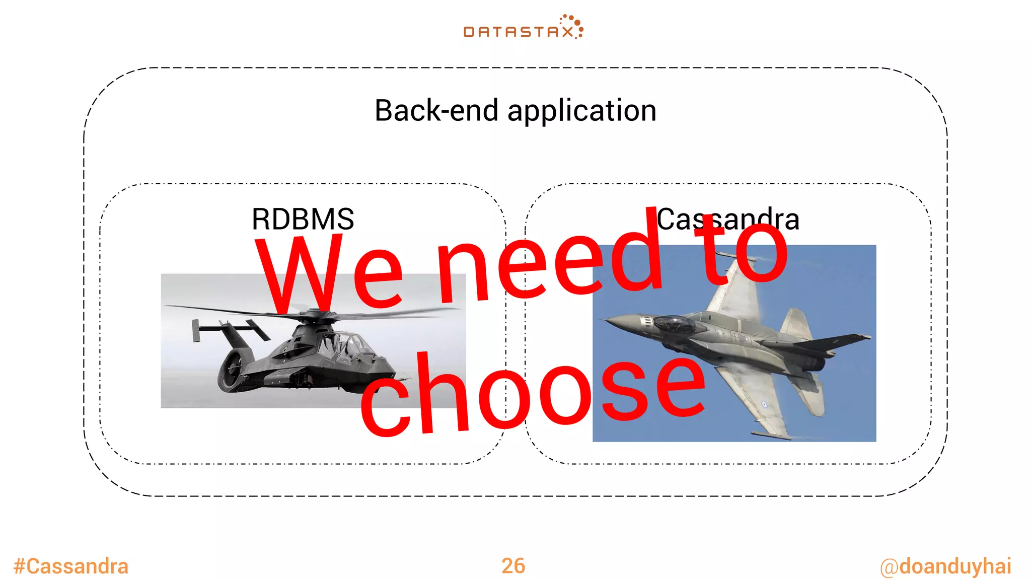 #Cassandra @doanduyhai
Back-end application
RDBMS Cassandra
26
We need to
choose
 