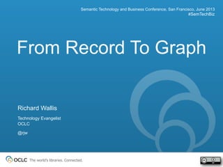 The world’s libraries. Connected.
From Record To Graph
Semantic Technology and Business Conference, San Francisco, June 2013
#SemTechBiz
Richard Wallis
Technology Evangelist
OCLC
@rjw
 