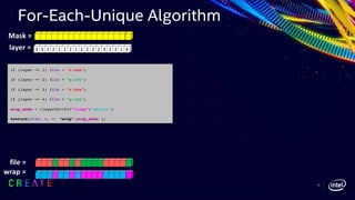 layer =
file =
Mask =
wrap =
3 3 1 2 1 1 2 1 2 2 2 2 3 3 3 1 4
For-Each-Unique Algorithm
if (layer == 1) file = “r.tex”;
if (layer == 2) file = “g.tex”;
if (layer == 3) file = “r.tex”;
if (layer == 4) file = “g.tex”;
wrap_mode = (layer%2==0)?“clamp”:“mirror”;
texture(file, u, v, “wrap”,wrap_mode );
37
 