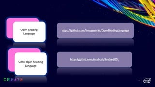 SIMD Open Shading
Language
Open Shading
Language
https://github.com/imageworks/OpenShadingLanguage
https://gitlab.com/intel-osl/BatchedOSL
47
 