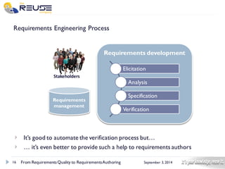 16 
September 3, 2014 
Requirements Engineering Process 
It’s good to automate the verification process but… 
… it’s even better to provide such a help to requirements authors 
From Requirements Quality to Requirements Authoring 
Requirements development 
Stakeholders 
Requirements management 
Elicitation 
Analysis 
Specification 
Verification  