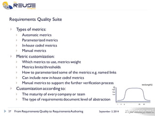 27 
September 3, 2014 
Requirements Quality Suite 
Types of metrics: 
Automatic metrics 
Parameterized metrics 
In-house codedmetrics 
Manual metrics 
Metric customization: 
Which metrics to use, metrics weight 
Metrics limits/thresholds 
How to parameterized some of the metrics: e.g. named links 
Can include new in-house coded metrics 
Manual metrics to support the further verification process 
Customization according to: 
The maturity of every company or team 
The type of requirements document: level of abstraction 
From Requirements Quality to Requirements Authoring 
textLength() 
Q 
High 
Med 
Low 
1 4 6 20 30  