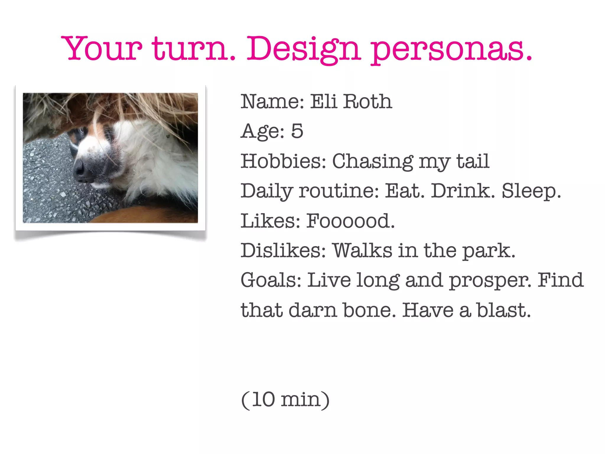 Your turn. Design personas.
          Name: Eli Roth
          Age: 5
          Hobbies: Chasing my tail
          Daily routine: Eat. Drink. Sleep.
          Likes: Foooood.
          Dislikes: Walks in the park.
          Goals: Live long and prosper. Find
          that darn bone. Have a blast.



          (10 min)
 
