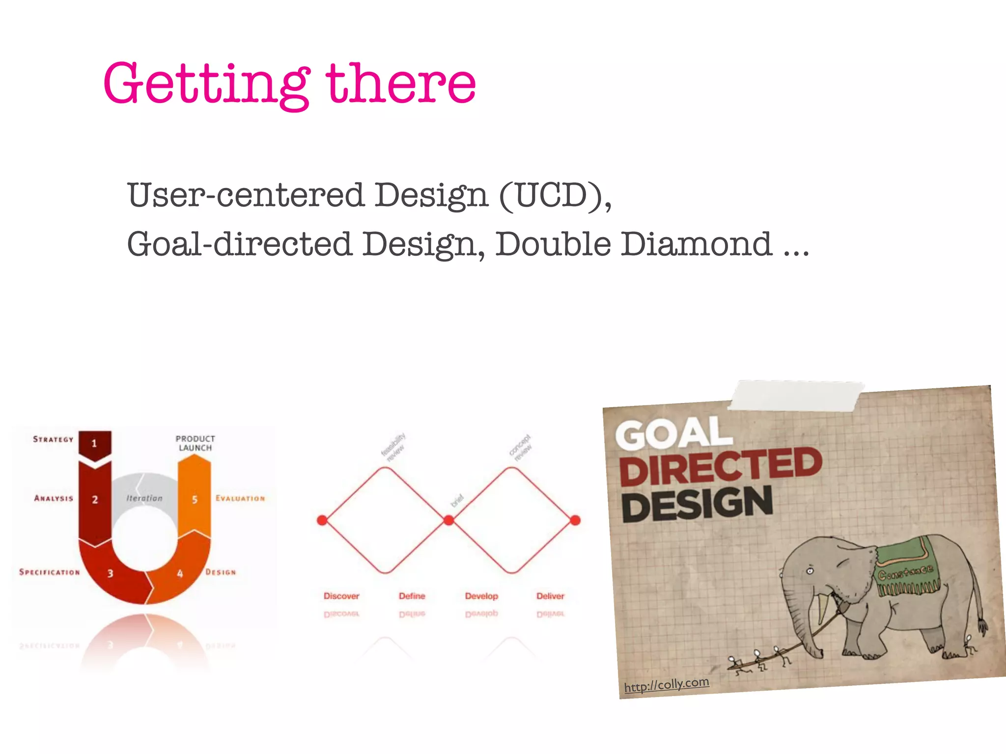 Getting there
User-centered Design (UCD),
Goal-directed Design, Double Diamond ...




                             http://colly.com
 
