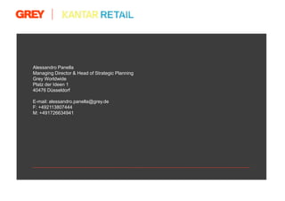 Alessandro Panella
Managing Director & Head of Strategic Planning
Grey Worldwide
Platz der Ideen 1
40476 Düsseldorf

E-mail: alessandro.panella@grey.de
F: +492113807444
M: +491726634941
 