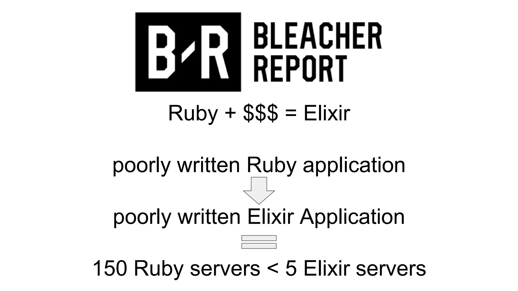 Ruby + $$$ = Elixir
poorly written Ruby application
poorly written Elixir Application
150 Ruby servers < 5 Elixir servers
 