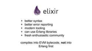 + better syntax
+ better error reporting
+ modern tooling
+ can use Erlang libraries
+ fresh enthusiastic community
compiles into EVM bytecode, not into
Erlang first
 