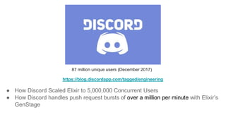 87 million unique users (December 2017)
https://blog.discordapp.com/tagged/engineering
● How Discord Scaled Elixir to 5,000,000 Concurrent Users
● How Discord handles push request bursts of over a million per minute with Elixir’s
GenStage
 