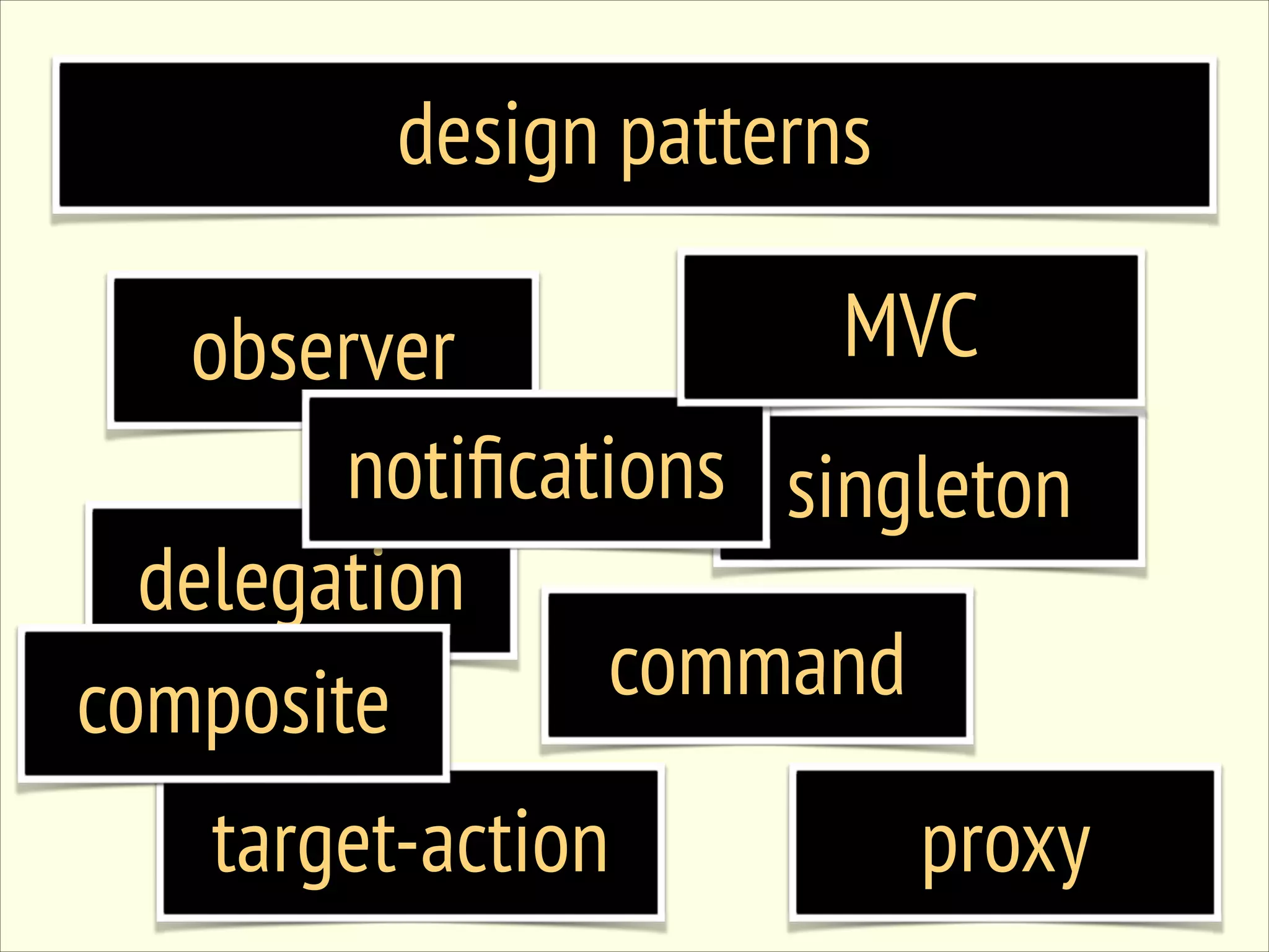 design patterns MVC observer notiﬁcations singleton delegation command composite target-action proxy 