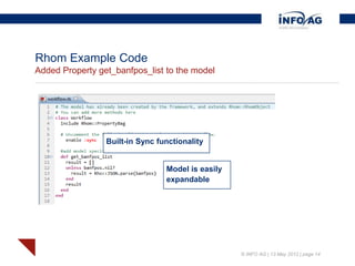 Rhom Example Code
Added Property get_banfpos_list to the model




                 Built-in Sync functionality


                                 Model is easily
                                 expandable




                                                   © INFO AG | 13 May 2012 | page 14
 