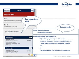 Corresponding
View


                                                            Source code
        <li><div data-role="collapsible”>

                <h3>Bestellpositionen</h3>


        <ul data-role="listview" data-inset="true" >

                   <% @workflow.get_banfpos_list.each do |pos| %>

                    <li data-role="list-divider" >Position <%= pos['bnfpo'].to_i %>

                          <span class="ui-li-count"><%= pos['menge'] %></span>

                    </li>

                   <li>

                      <p><strong>Material: <%= pos['matnr'] %></strong></p>

                                                  …

                                                   …
                                                © INFO AG | 13 May 2012 | page 16
 