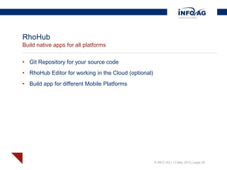 RhoHub
Build native apps for all platforms


• Git Repository for your source code
• RhoHub Editor for working in the Cloud (optional)
• Build app for different Mobile Platforms




                                                      © INFO AG | 13 May 2012 | page 26
 