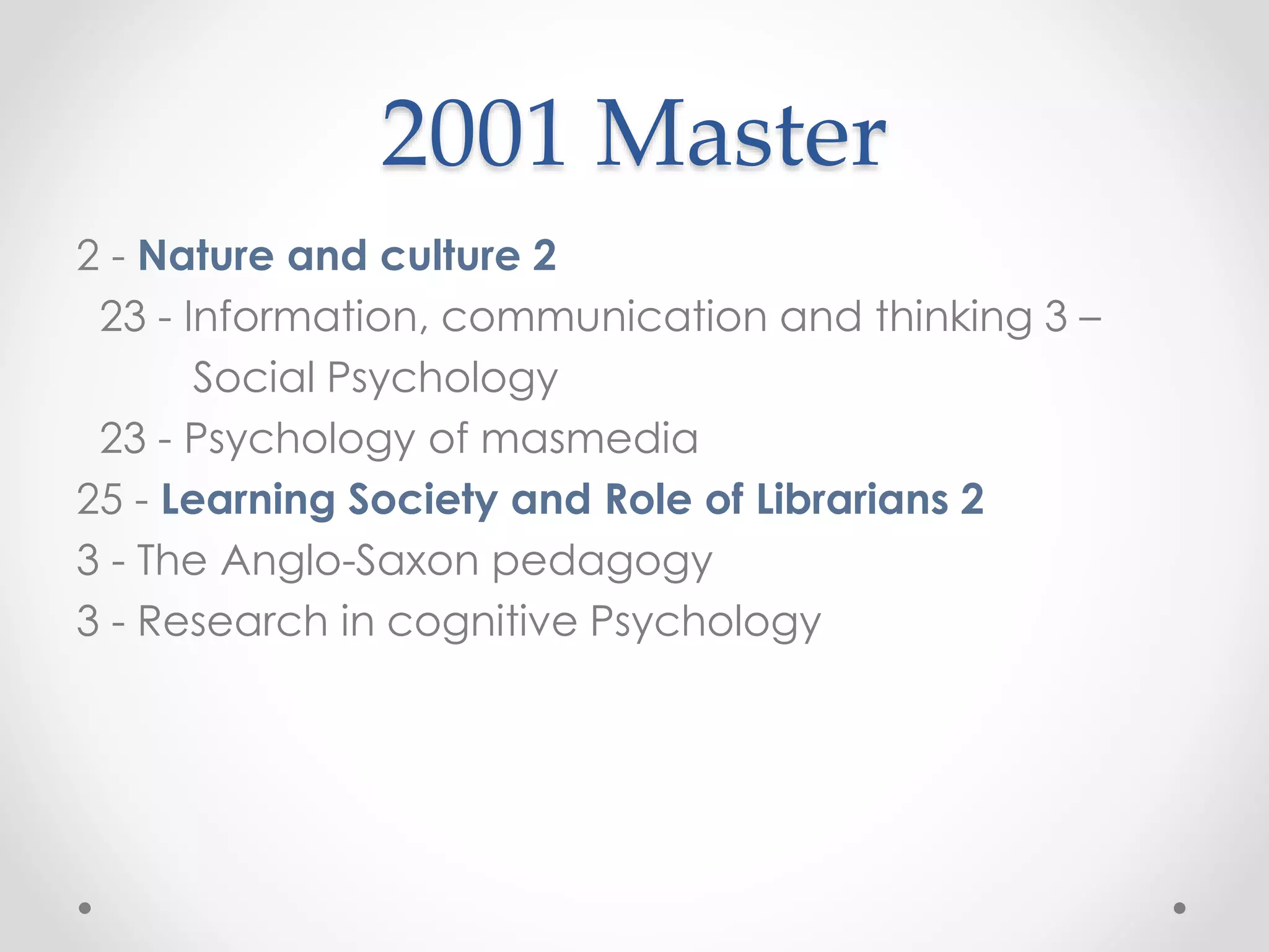 2001 Master
2 - Nature and culture 2
23 - Information, communication and thinking 3 –
Social Psychology
23 - Psychology of masmedia
25 - Learning Society and Role of Librarians 2
3 - The Anglo-Saxon pedagogy
3 - Research in cognitive Psychology
 