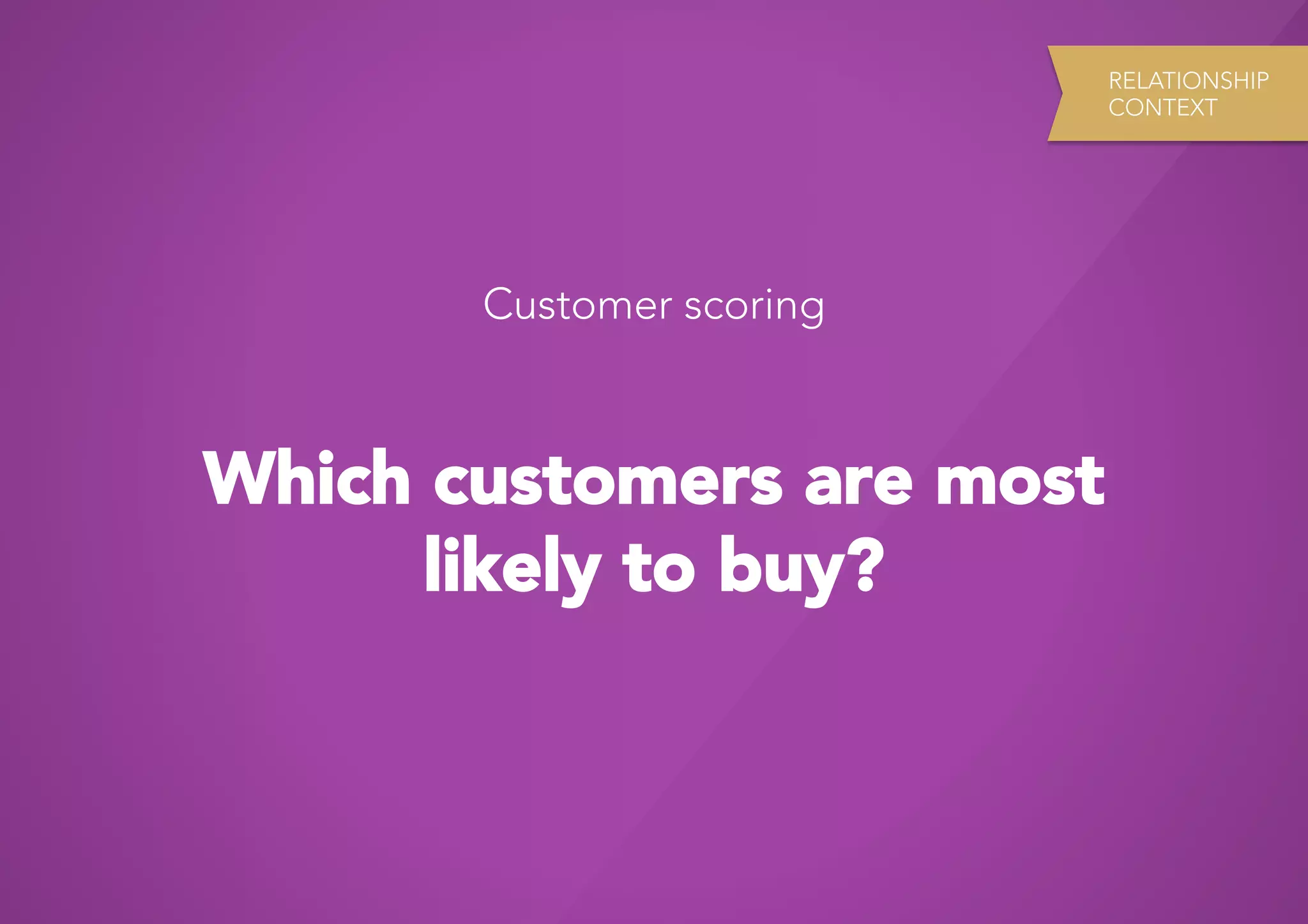 RELATIONSHIP
                           CONTEXT




       Customer scoring



Which customers are most
      likely to buy?
 