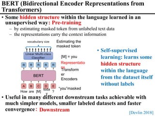 BERT (Bidirectional Encoder Representations from
Transformers)
• Some hidden structure within the language learned in an
unsupervised way
– by estimating masked token from unlabeled text data
– the representations carry the context information
[Devlin 2018]
• Useful in many different downstream tasks achievable with
much simpler models, smaller labeled datasets and faster
convergence
A B C D E
BERT
R
R
R R R
How are [M]
toda
y
?
[M] = you
Representatio
ns
Transform
er
Encoders
“you”masked
Estimating the
masked token
: Pre-training
：Downstream
• Self-supervised
learning: learns some
hidden structure
within the language
from the dataset itself
without labels
 