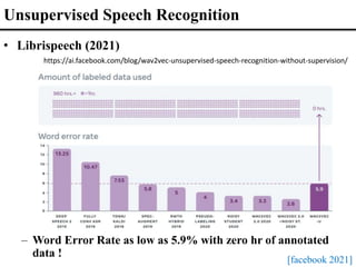 Unsupervised Speech Recognition
• Librispeech (2021)
https://ai.facebook.com/blog/wav2vec-unsupervised-speech-recognition-without-supervision/
– Word Error Rate as low as 5.9% with zero hr of annotated
data !
[facebook 2021]
 