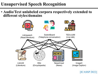 Unsupervised Speech Recognition
SwitchBoard
(Telephone conversation)
TED-LIUM
(Live talk)
Librispeech
(Read literature)
LibriLM
(Literature)
Wiki
(Encyclopedia)
NewsCrawl
(News)
ImageC
(Image Caption)
[ICASSP 2022]
• Audio/Text unlabeled corpora respectively extended to
different styles/domains
 