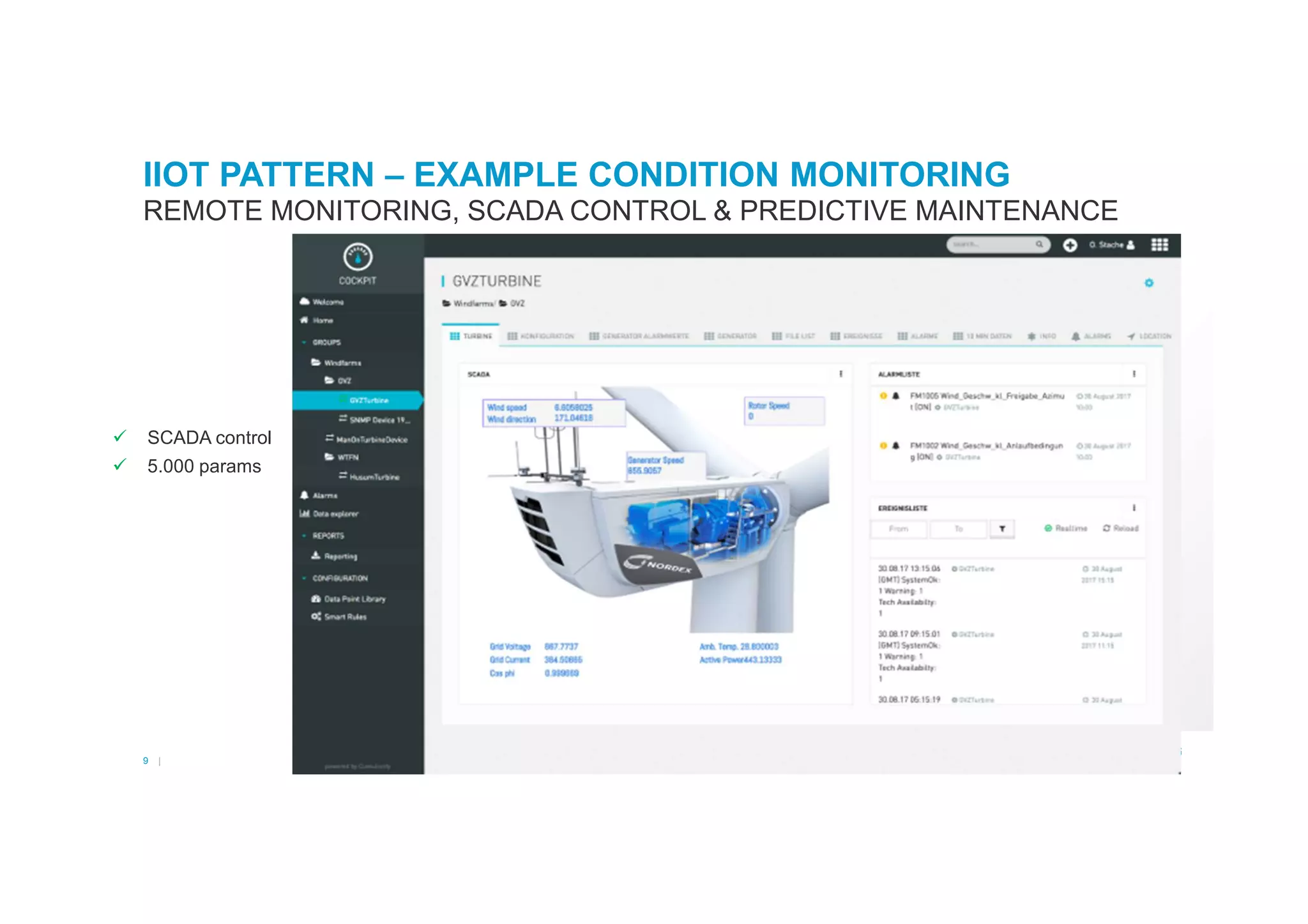 9 |
IIOT PATTERN – EXAMPLE CONDITION MONITORING
REMOTE MONITORING, SCADA CONTROL & PREDICTIVE MAINTENANCE
SCADA control
5.000 params
 