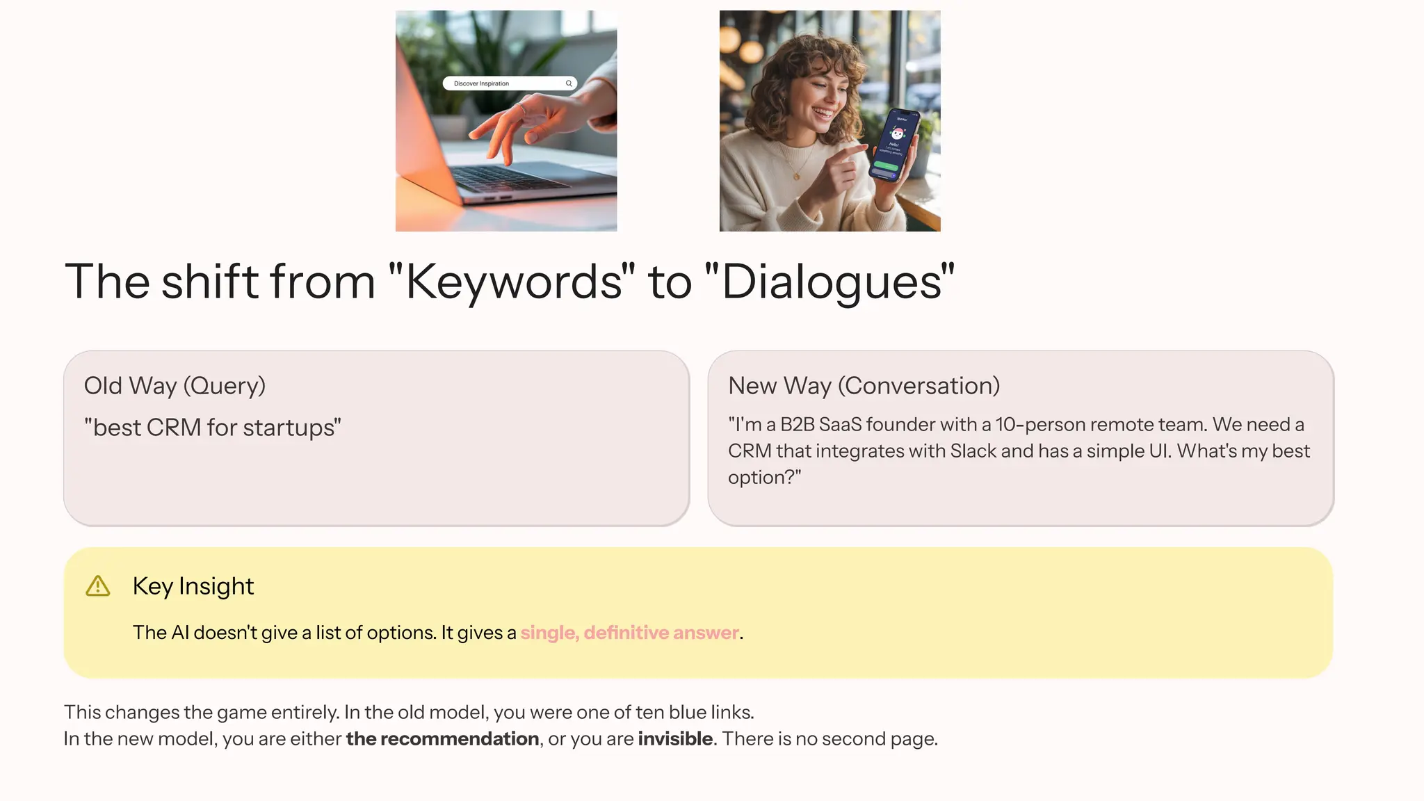 The shift from "Keywords" to "Dialogues"
Old Way (Query)
"best CRM for startups"
New Way (Conversation)
"I'm a B2B SaaS founder with a 10-person remote team. We need a
CRM that integrates with Slack and has a simple UI. What's my best
option?"
Key Insight
The AI doesn't give a list of options. It gives a single, definitive answer.
This changes the game entirely. In the old model, you were one of ten blue links.
In the new model, you are either the recommendation, or you are invisible. There is no second page.
 