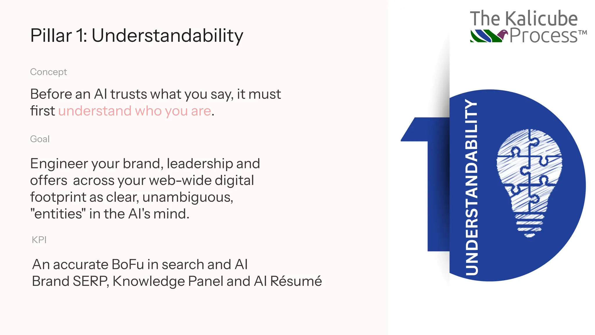 Pillar 1: Understandability
Concept
Before an AI trusts what you say, it must
first understand who you are.
Goal
Engineer your brand, leadership and
offers across your web-wide digital
footprint as clear, unambiguous,
"entities" in the AI's mind.
KPI
An accurate BoFu in search and AI
Brand SERP, Knowledge Panel and AI Résumé
 