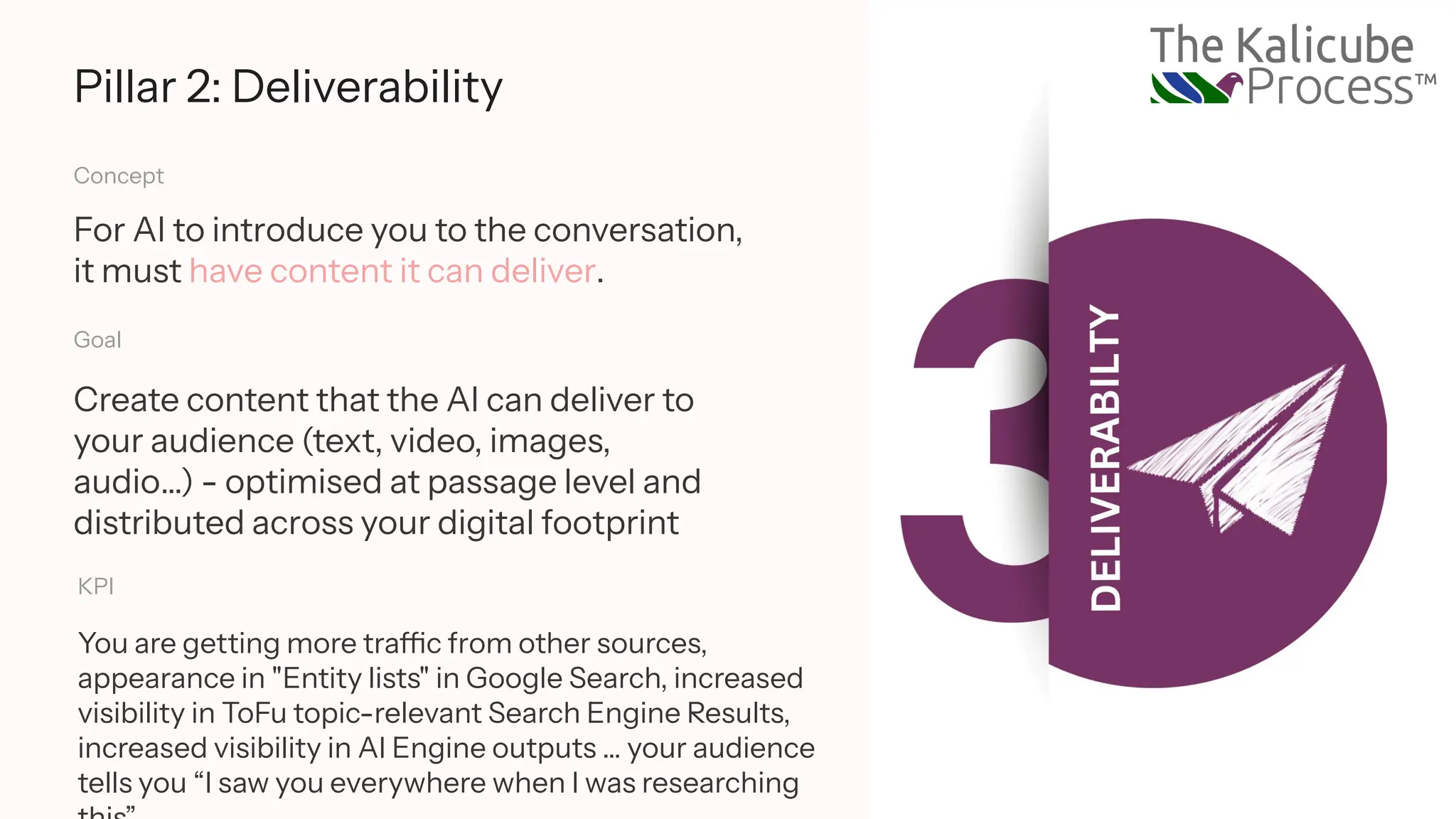 Pillar 2: Deliverability
Concept
For AI to introduce you to the conversation,
it must have content it can deliver.
Goal
Create content that the AI can deliver to
your audience (text, video, images,
audio…) - optimised at passage level and
distributed across your digital footprint
KPI
You are getting more traffic from other sources,
appearance in "Entity lists" in Google Search, increased
visibility in ToFu topic-relevant Search Engine Results,
increased visibility in AI Engine outputs … your audience
tells you “I saw you everywhere when I was researching
 