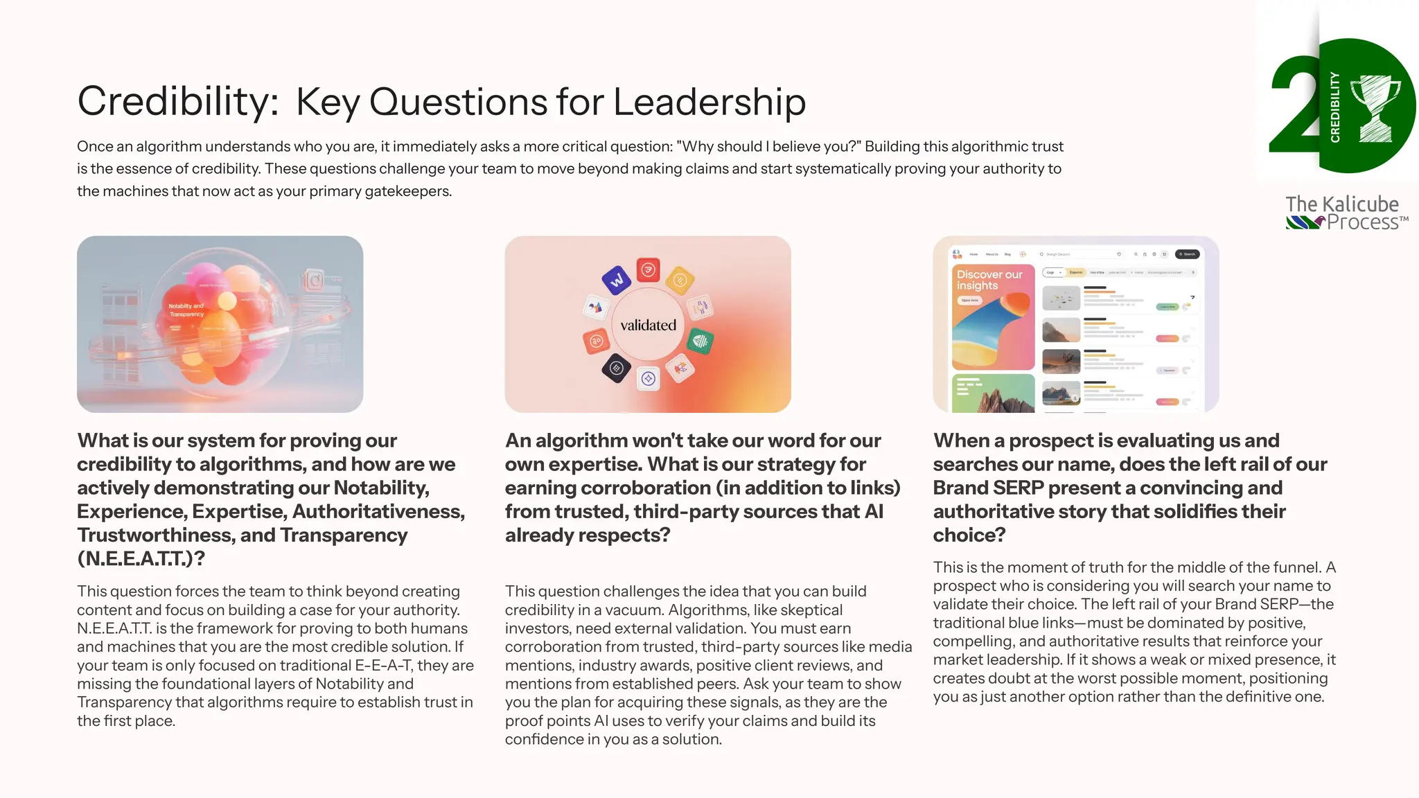 Credibility: Key Questions for Leadership
Once an algorithm understands who you are, it immediately asks a more critical question: "Why should I believe you?" Building this algorithmic trust
is the essence of credibility. These questions challenge your team to move beyond making claims and start systematically proving your authority to
the machines that now act as your primary gatekeepers.
What is our system for proving our
credibility to algorithms, and how are we
actively demonstrating our Notability,
Experience, Expertise, Authoritativeness,
Trustworthiness, and Transparency
(N.E.E.A.T.T.)?
This question forces the team to think beyond creating
content and focus on building a case for your authority.
N.E.E.A.T.T. is the framework for proving to both humans
and machines that you are the most credible solution. If
your team is only focused on traditional E-E-A-T, they are
missing the foundational layers of Notability and
Transparency that algorithms require to establish trust in
the first place.
An algorithm won't take our word for our
own expertise. What is our strategy for
earning corroboration (in addition to links)
from trusted, third-party sources that AI
already respects?
This question challenges the idea that you can build
credibility in a vacuum. Algorithms, like skeptical
investors, need external validation. You must earn
corroboration from trusted, third-party sources like media
mentions, industry awards, positive client reviews, and
mentions from established peers. Ask your team to show
you the plan for acquiring these signals, as they are the
proof points AI uses to verify your claims and build its
confidence in you as a solution.
When a prospect is evaluating us and
searches our name, does the left rail of our
Brand SERP present a convincing and
authoritative story that solidifies their
choice?
This is the moment of truth for the middle of the funnel. A
prospect who is considering you will search your name to
validate their choice. The left rail of your Brand SERP—the
traditional blue links—must be dominated by positive,
compelling, and authoritative results that reinforce your
market leadership. If it shows a weak or mixed presence, it
creates doubt at the worst possible moment, positioning
you as just another option rather than the definitive one.
 