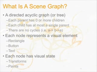 What Is A Scene Graph?
• A directed acyclic graph (or tree)
–Each parent has 0 or more children
–Each child has at most a single parent
–There are no cycles (i.e. a-> b->a)
• Each node represents a visual element
–Rectangle
–Button
–Text
• Each node has visual state
–Transforms
–Paints 16
 