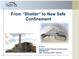 From “Shelter” to New Safe
      Confinement




             A. Gora
             Deputy General Director for Personnel
             Management
             SSE “Chernobyl NPP“, Ukraine
 