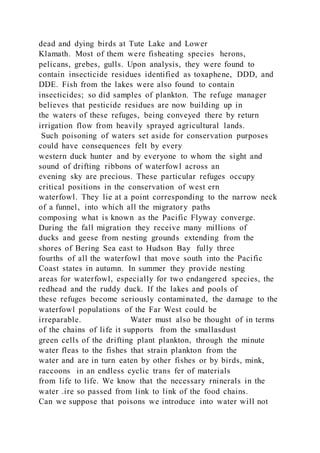 dead and dying birds at Tute Lake and Lower
Klamath. Most of them were fisheating species herons,
pelicans, grebes, gulls. Upon analysis, they were found to
contain insecticide residues identified as toxaphene, DDD, and
DDE. Fish from the lakes were also found to contain
insecticides; so did samples of plankton. The refuge manager
believes that pesticide residues are now building up in
the waters of these refuges, being conveyed there by return
irrigation flow from heavily sprayed agricultural lands.
Such poisoning of waters set aside for conservation purposes
could have consequences felt by every
western duck hunter and by everyone to whom the sight and
sound of drifting ribbons of waterfowl across an
evening sky are precious. These particular refuges occupy
critical positions in the conservation of west ern
waterfowl. They lie at a point corresponding to the narrow neck
of a funnel, into which all the migratory paths
composing what is known as the Pacific Flyway converge.
During the fall migration they receive many millions of
ducks and geese from nesting grounds extending from the
shores of Bering Sea east to Hudson Bay fully three
fourths of all the waterfowl that move south into the Pacific
Coast states in autumn. In summer they provide nesting
areas for waterfowl, especially for two endangered species, the
redhead and the ruddy duck. If the lakes and pools of
these refuges become seriously contaminated, the damage to the
waterfowl populations of the Far West could be
irreparable. Water must also be thought of in terms
of the chains of life it supports from the smallasdust
green cells of the drifting plant plankton, through the minute
water fleas to the fishes that strain plankton from the
water and are in turn eaten by other fishes or by birds, mink,
raccoons in an endless cyclic trans fer of materials
from life to life. We know that the necessary rninerals in the
water .ire so passed from link to link of the food chains.
Can we suppose that poisons we introduce into water will not
 
