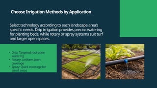 ChooseIrrigationMethodsbyApplication
Select technology according to each landscape area’s
specific needs. Drip irrigation provides precise watering
for planting beds, while rotary or spray systems suit turf
and larger open spaces.
• Drip: Targeted root-zone
watering
• Rotary: Uniform lawn
coverage
• Spray: Quick coverage for
small areas
 