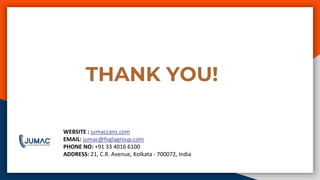 THANK YOU
THANK YOU!
WEBSITE : jumaccans.com
EMAIL: jumac@foglagroup.com
PHONE NO: +91 33 4016 6100
ADDRESS: 21, C.R. Avenue, Kolkata - 700072, India
 
