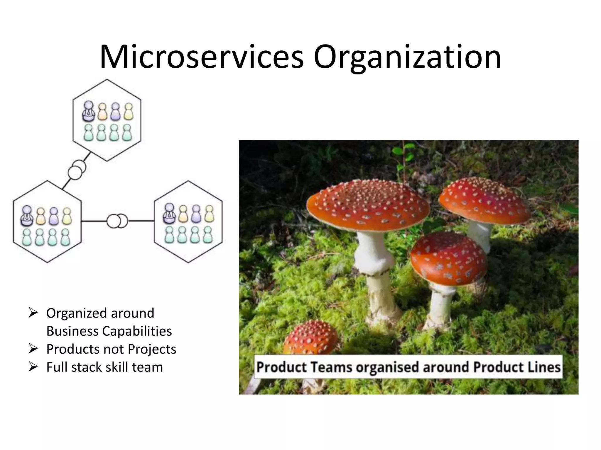 Microservices Organization
 Organized around
Business Capabilities
 Products not Projects
 Full stack skill team
 